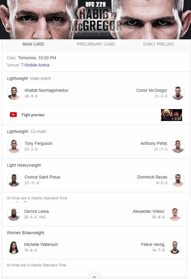 UFC 229 Khabib vs mcgregor cartelera