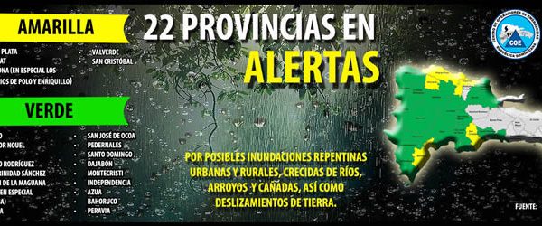 COE pone en alerta a 22 las provincias por lluvias