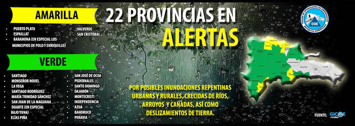 COE pone en alerta a 22 las provincias por lluvias