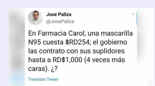 José Paliza denuncia gobierno compra mascarillas N95 a RD$1,000 mientras farmacias la venden a RD$254