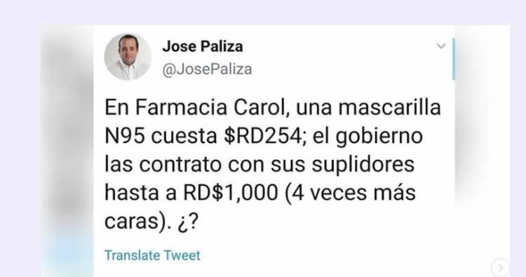José Paliza denuncia gobierno compra mascarillas N95 a RD$1,000 mientras farmacias la venden a RD$254