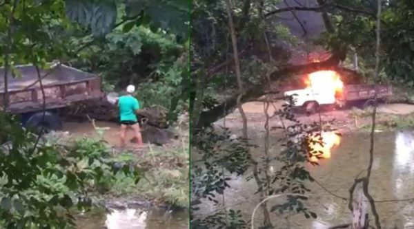 Video: Comunidad de La Vega quema camión que sacaba arena de río Camú