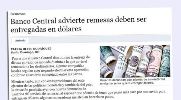 Banco Central advierte remesas deben ser entregadas en dólares