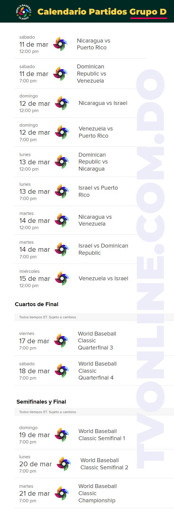 Calendario Grupo D. Clásico mundial de beisbol.